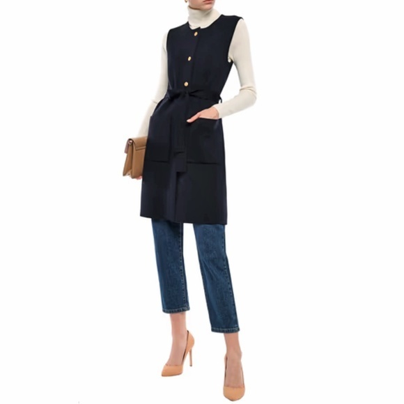 New Tory Burch Valerie Merino Belted Longline Vest Dress Navy $398